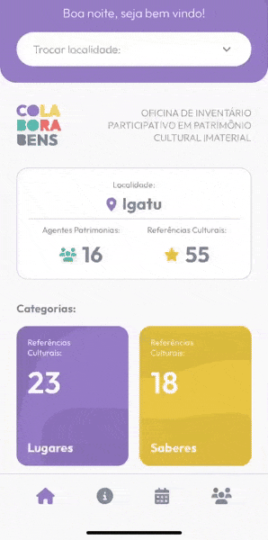 Tela inicial do COLABORABENS APP com as categorias do inventário