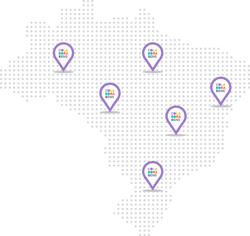 Representação editorial do mapa do Brasil com marcadores do COLABORABENS